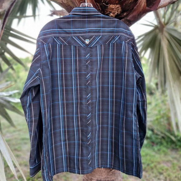 KÜHL Plaid Long-Sleeve Western Pearl Snap Shirt L- BLACK BLUE - Picture 2 of 6